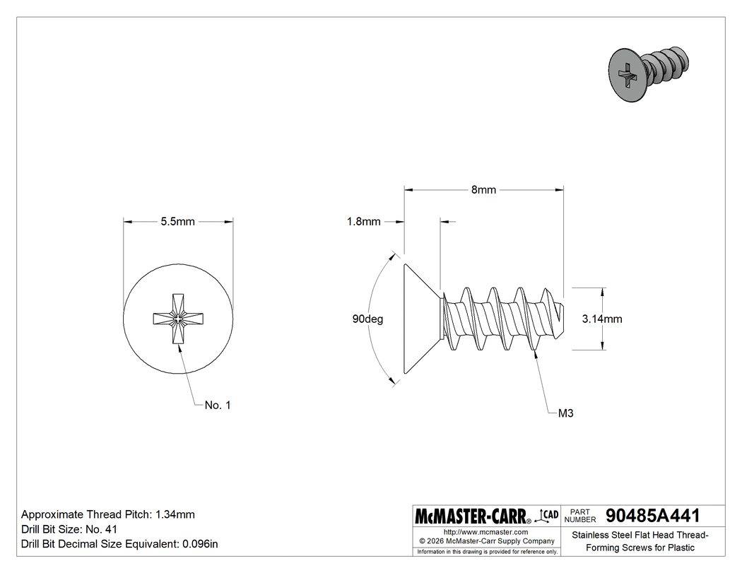 Technical Drawing of Phillips Flat Head Thread-Forming Screws, for Plastic, 18-8 Stainless Steel, M3 Screw Size, 8 mm Long.